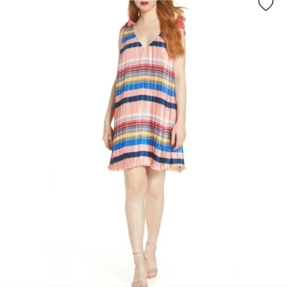 Foxiedox Stripe Pleated Shift Dress In Pink/coral/navy - Picture 1 of 11
